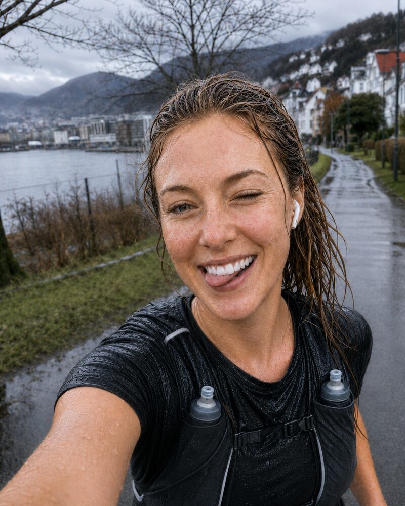 Runner grinning through the rain on the Bergen waterfront